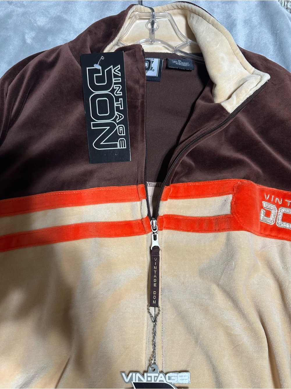 Vintage Don Y2K Velour Tracksuit 2PC Brown Cream Orange NWT Hip Hop Streetwear